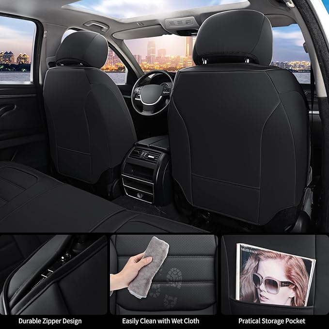 COVER EMPIRE Car Seat Covers Full Set, 5Pcs Universal Leather Seat Covers for Cars, Waterproof Front and Rear Seat Covers Breathable Automotive Vehicle Seat Cover for Most Trucks, SUVs, Sedans, Black