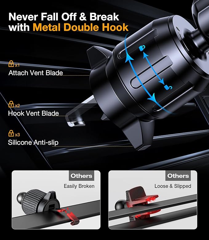 Coolpow Phone Holders for Your Car Vent Phone Mount for Car【Smallest & Wider Clamp & Metal Hook】Air Vent Phone Holder for Car Phone Holder Vent Cell Phone Stand for iPhone Samsung Android Smartphones