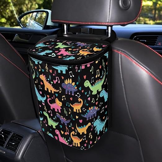 Cute Dinosaur Print Car Trash Can with Lid Hanging Car Trash Bag Leak-Proof Portable Cars Garbage Bin Sedan Accessories Interior Cars Organizer