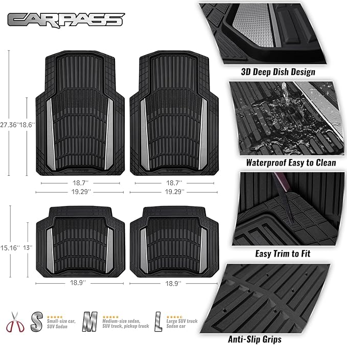 CAR PASS Heavy Duty Rubber Car Floor Mats, Deep Waterproof Car Floor Mats All Weather, Aluminum Film Floor Mats for Cars Non-Slip Universal Trim to Fit for SUVs Trucks Sedans Vans, Black Grey Metallic