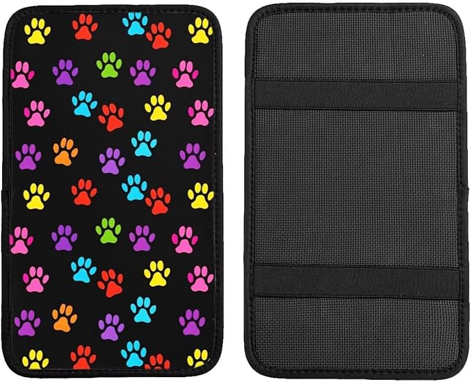 Dog Paw 2 Pcs Car Front Seat Armrest Covers Colorful Paws Cloth Arm Rest Protectors Padding Center Console Lid Black Arm Rest Cover Universal Accessories for SUV Truck Van