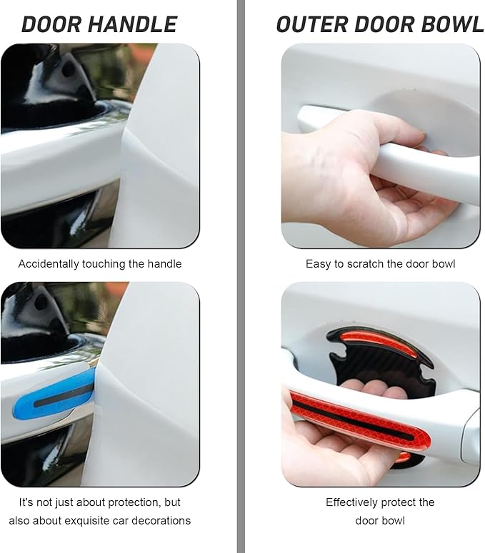 WZP 8PCS Car Door Handle Scratch Protectors, 3D Carbon Fiber Door Handle Scratch Protector Cover, Anti-Scratches Safety Reflective Strips, Universal Car Exterior Accessories for Most Vehicles (Red)