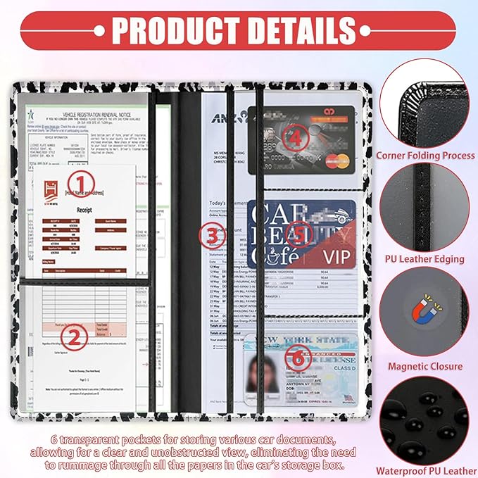 Car Registration Holder, Waterproof PU Leather Vehicle Card Document Glove Box Organizer, Women Interior Auto Accessories Case for Cards, Driver License Car Insurance Holder, Animal Skin Leopard Print