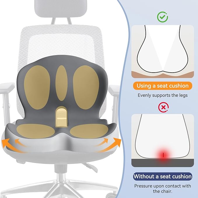 Ergonomic Seat Cushion for Office Chair & Car - Memory Foam Car Cushions for Driving with L-Shaped Design, Adjustable Strap, Non-Slip Bottom - Orthopedic Pad for Truck Driver (Grey)