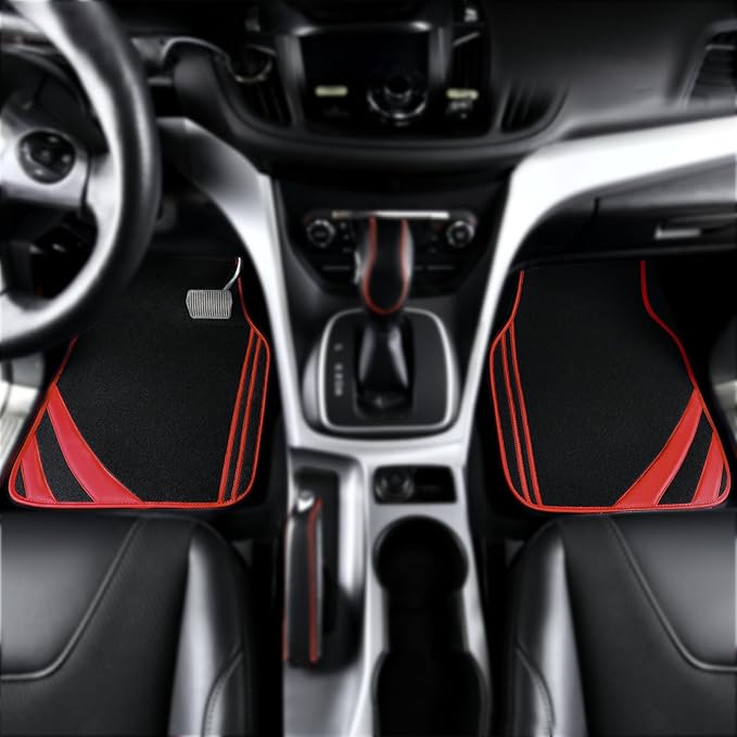CAR PASS Red Edge Leather Car Floor Mats, Universal Waterproof Car Mats with Double Stitch Line and Anti-Slip Backing Design, for Cute Girly Women, Fit 95% Automotive,SUVs,Sedan,Vans (Black and Red)