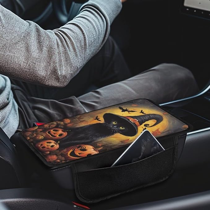BIGCARJOB Halloween Armrest Cover for Cars Black Cat Print Car Armrest Cover Center Console Halloween Decorations Middle Console Cover Armrest Pad with Pocket