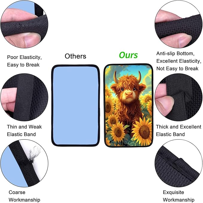 JANENFNA Car Armrest Cover Pads Universal Fashion Cute Auto Center Console Armrest Cover Pad with 2PCS Car Coasters Soft Waterproof Car Armrest Seat Protector for Women,Sunflower Highland Cow