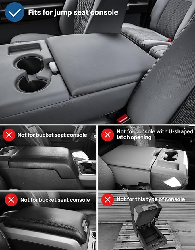 ISSYAUTO Center Console Cover Compatible with 2011-2016 Ford F250 F350 F450, 2011-2014 F150 with Jump Seat Console Leather Armrest Cover Center Console Cushion, Gray (Jump Seat Only)