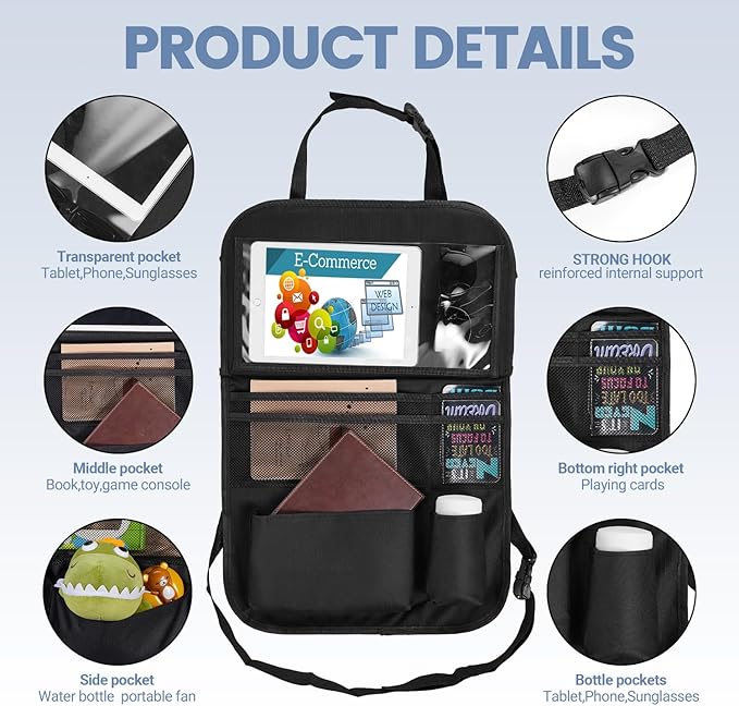 Back Seat Car Organizer with Tablet Holder, 6 Storage Pockets Car Storage Organizer with Foldable Food Tray, Car Seat Back Protectors Kids Car Kick Mats for Travel