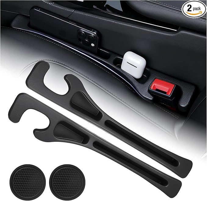 2-in-1 Car Seat Gap Filler Organizer & Car Coasters for Cup Holders Set,New Cars Seat Gap Plug with Storage Slot,Universal in Between Cars Seats Catcher Fit for Trucks SUVs