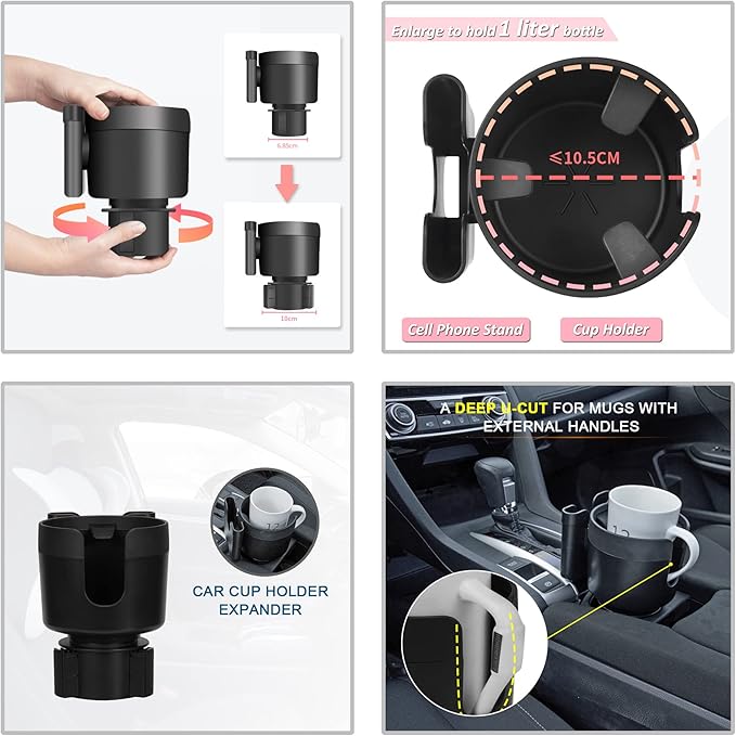 Large Size Car Cup Holder Expander with Cell Phone Holder Adjustable Base U-Shaped Slot Cup Holder Adapter Compatible with All Kinds of Cups and Bottles