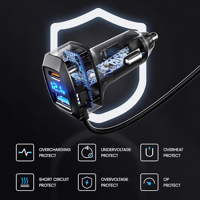 LENCENT 5 Multi Ports Type C Car Charger, 31W USB C Charger Adapter, Compatible for Samsung, iPhone, iPad, Voltage Detection, Multiple Cigarette Lighter Adapter with 5FT Cable for Back Seat Charging