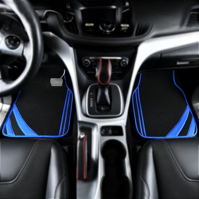 CAR PASS Faux Leather Car Mats Blue Edge Waterproof Car Floor Mats Car Carpet Mats 4 Pieces with Double Stitch Line Anti-Slip Backing Design, Universal Fit for Most Vehicles,SUVs,Sedan,Vans