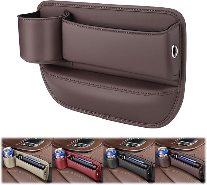 Peticehi Car Leather Cup Holder Gap Bag, No Logo Leather Car Seat Storage Box with Water Cup Holder, Car Seat Gap Filler Organizer (for Driver's seat,Brown)