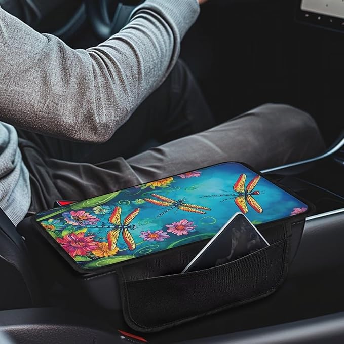Dreaweet Car Center Console Cover with Pockets Dragonfly Print Car Arm Rest Cover Pad Universal Armrest Cover for Car Truck SUV Van