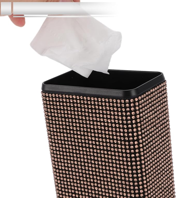 1 Pcs Universal Car Trash Can Hanging 4.3" Length 2.8" Width 5.5" Height Trash Bin with Hook and Back Clip Champagne Plastic Rhinestone