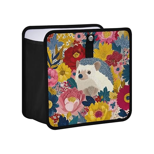 Car Trash Can Organizer Bin with Adjustable Strap for Back Front Seat Console Waterproof Leakproof Collapsible Portable 11 Inch Garden Flowers Hedgehogs Colorful