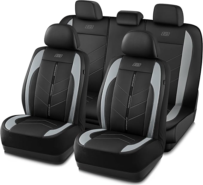 Skechers Car Seat Covers,Luxury Faux Leather Seat Covers,Waterproof Anti Slip Car Seat ProtectorFull Set,Car Accessories Airbag Universal Fit for Most Cars,Vans,Trucks,SUV,Grey