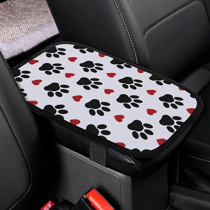 Black Dog Paws Red Hearts Car Center Console Cushion Pad,Waterproof Armrest Seat Box Cover Protector,Comfortable Car Decor Accessories Fit for Most Cars, Vehicles, SUVs