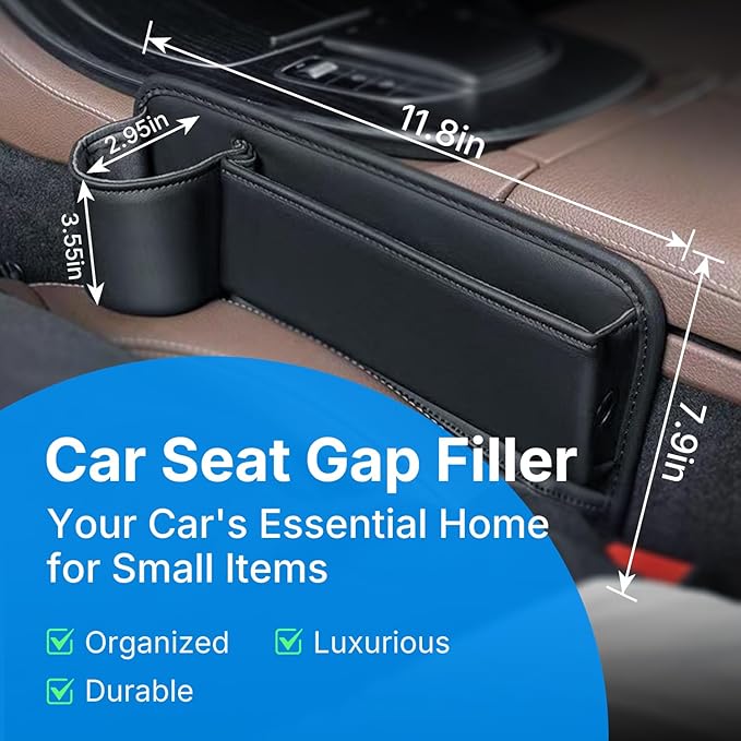 Car Seat Gap Filler Organizer 2-Pack, Premium Leather Storage Box with Cup Holders & Card Slots - Universal Fit for Car SUV Truck, Keep Phone, Keys, Sunglasses Secure (Black, Left + Right Side)