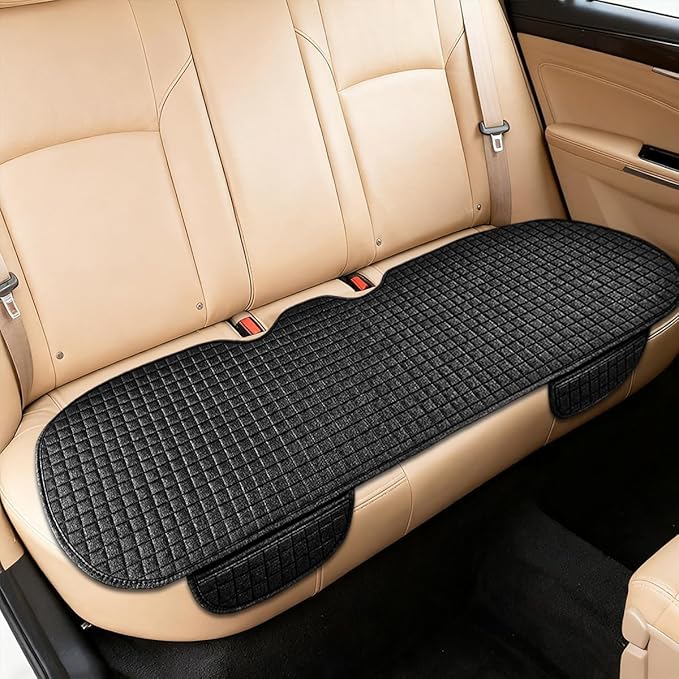 Car Back Seat Cover, Long Bottom Vehicle Rear Seat Protector with Storage Pockets, Breathable Linen Automotive Backseat Bench Cushion Pad Accessories, Universal for SUV Trucks (Black)