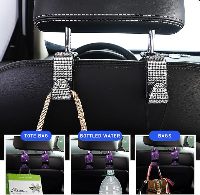 4 PCS Bling Car Seat Headrest Hooks, Crystal Rhinestone Back Seat Hanging Storage Organizer, Vehicle Seat Hanger Holder for Purse Handbag Coat, Interior Car Accessories (Purple)