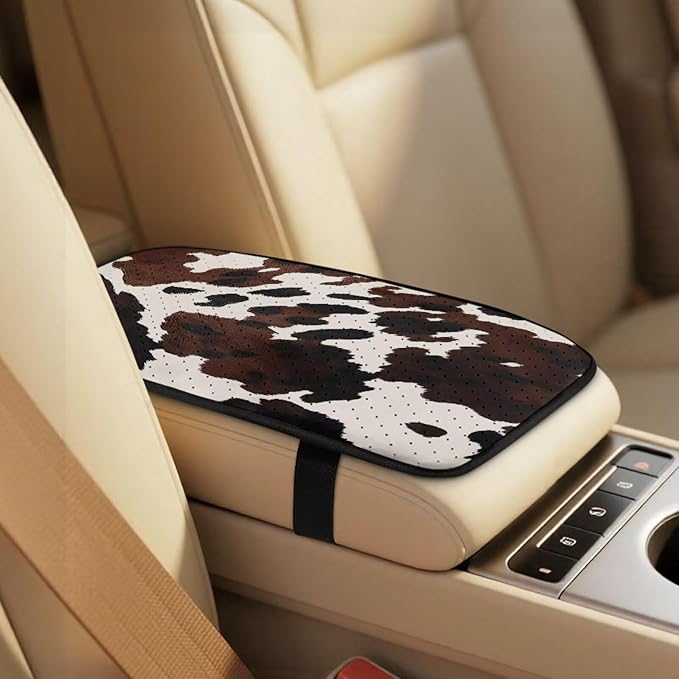 Qeluxign Cow Print PU Leather Car Seat Cover Set of 5 Auto Accessories 2 Front Bucket Seat Covers, 2 Seatbelt Pads & 1 Armrest Cover, Easy to Install