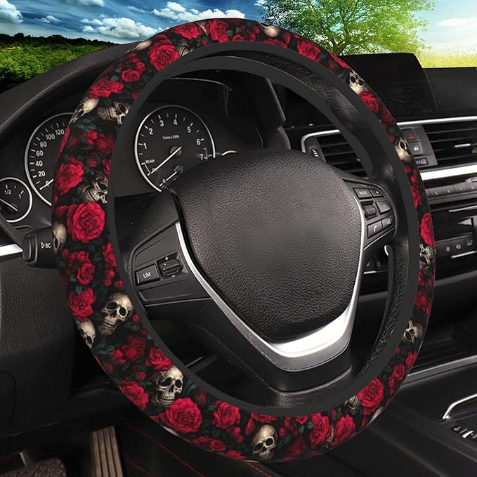 Red Rose Skull Steering Wheel Cover, Non-Slip Breathable Neoprene Steering Wheel Covers, Car Accessories Universal 15 Inch Fit Auto, Suvs, Truck