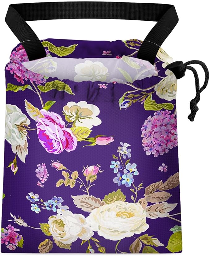 GEGEPINK Car Trash Bag Hanging Back of Seat Waterproof Small Cute Printed One-Handed Strap Drawstring Garbage Bags for Car-Purple Floral