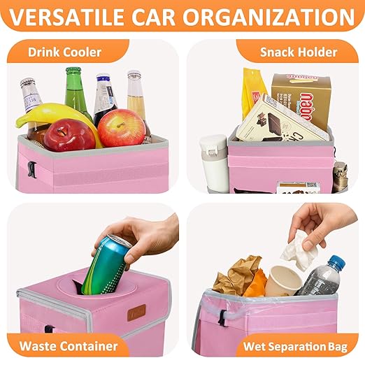 Vankor 3 Gallons Car Trash Can with Lid, Car Trash Bag Bin Hanging Waterproof Automotive Garbage Cans Leak Proof Vehicle Trash Can Pink