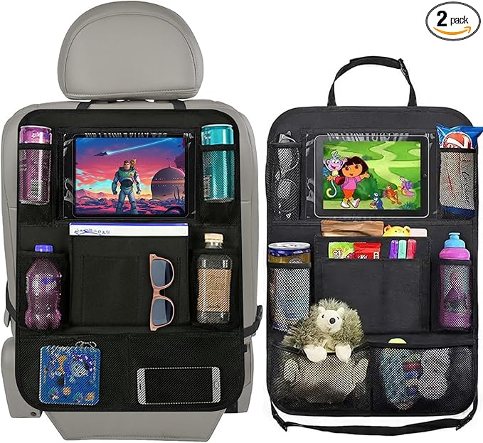 2 Pack Car Seat Organiser, Car Tidy Organiser Back Seat, Water Proof Oxford BackSeat Protector with 10" Ipad Tablet Holder, 9 Pockets for Books, Bottles, Black