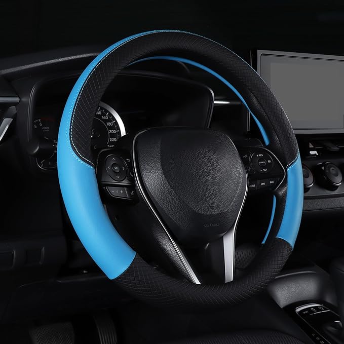 Auto Car Genuine Leather Steering Wheel Cover Anti Slip Wrap 15" (Blue)