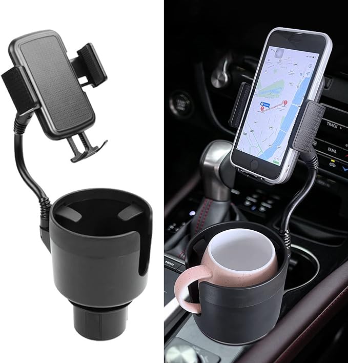 JINKEY Car Cup Holder Expander with Phone Mount,360°Rotation Gooseneck Phone Holder with Adjustable Base Cup Holder for Car Compatible with iPhone & All Smartphones