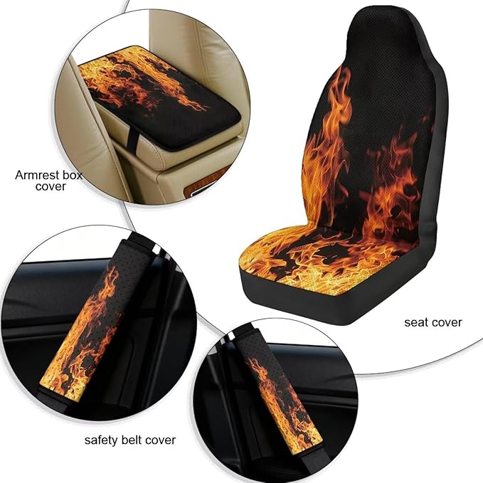 FUSURIRE Fire Flame Leather Front Seat Covers & Seat Belt Covers &Center Armrest Pad Universal Car Accessories for SUV,Van,Saden,Truck Automobile Interior Sets