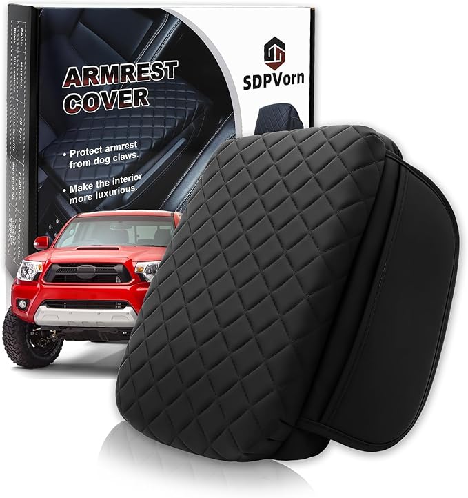 Armrest Cover for Toyota Tacoma Center Console Pad with Organizer Storage Pockets, Black Faux Leather Arm Rest Lid Protector Cushion Interior Accessories (2005-2015)