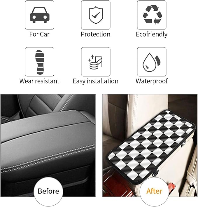 Racing Flags Checkered Flag Universal Center Console Armrest Cover Pad Car Armrest Protector for Most Cars, Suvs & Trucks, Cushion with Easy Installation