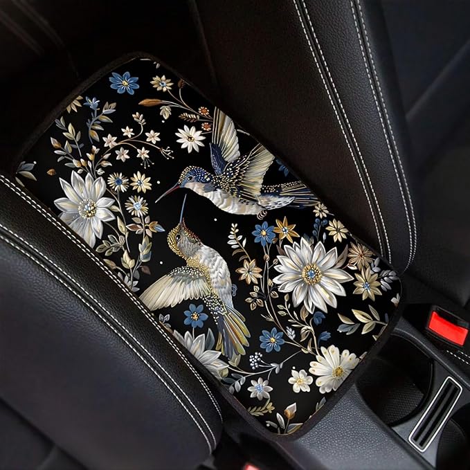 Elegant Hummingbird Floral Print Auto Center Console Cover Arm Rest Cover for SUV Truck,Soft Car Arm Rest Cover Universal Fit