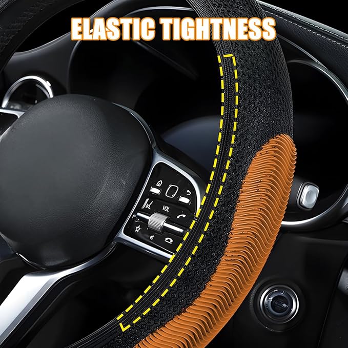 Elastic Stretch Car Steering Wheel Cover, Breathable No Inner Ring Vehicle Steering Wheel Protector, 15 Inch Ice Silk Anti Slip Automotive Accessories, Universal Fit (Black/Coffee)