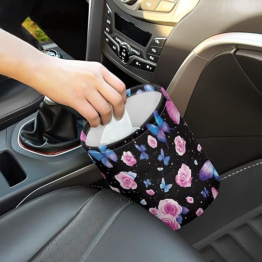 Brosoneto Butterfly Rose Car Trash Can, Waterproof Camping Trash Can, Car Interior Accessory for Back Seat, Front Console, Floor, or Hanging Headrest Waste Basket