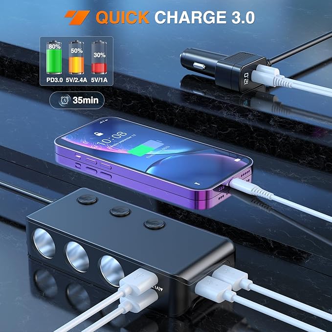 Nilight 9 in 1 Cigarette Lighter Adapter Splitter QC 3.0 3 Sockets 4 USB Ports Power Splitter with PD/QC 3.0 Independent Switches LED Voltage Display for 12V/24V Cars Van Truck Camper