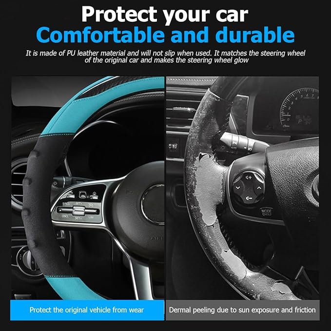 Car Steering Wheel Cover, Non-Slip Vehicle Steering Wheel Protector, Automotive Interior Accessories for Women Men, 15 Inch Universal for SUV, Truck, RV, Van and More（Black/Cyan）