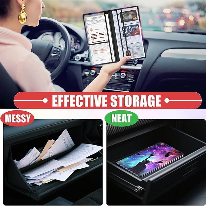 Car Registration Holder, PU Leather Vehicle Card Document Glove Box Organizer, Women Interior Auto Accessories Case for Cards, Driver License Car Insurance Holder, Cat Galaxy With Butterfly's