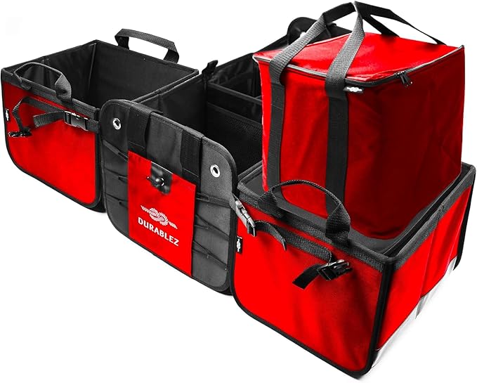 DURABLEZ 5-Section Trunk Organizer with Cooler – Extra Large Modular Car Storage System with Insulated Compartment, Foldable Multi-Module Cargo Organizer for Groceries & Travel – Red