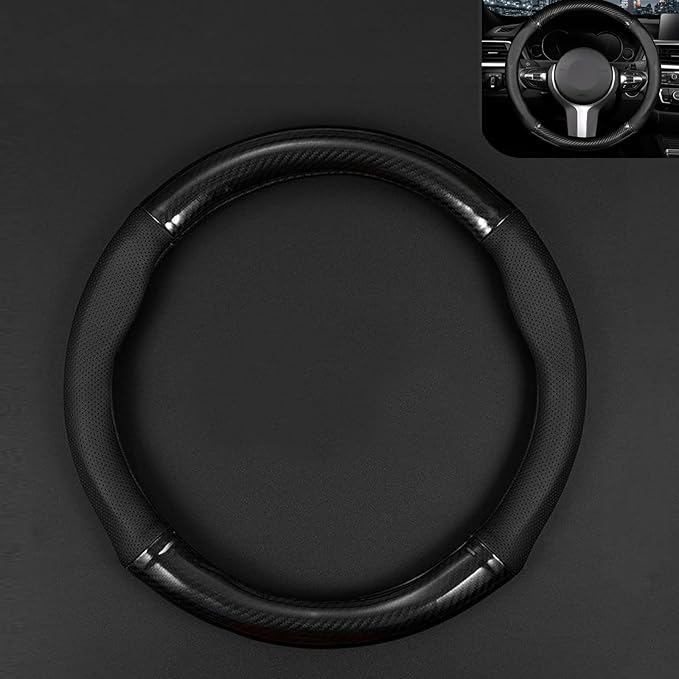 CyperFair O-Shaped Steering Wheel Cover – Carbon Fiber Pattern, Anti-Slip, Wear-Resistant, Sweat-sbsorbent Microfiber Leather Protector, Four Seasons Universal Fit (Black)