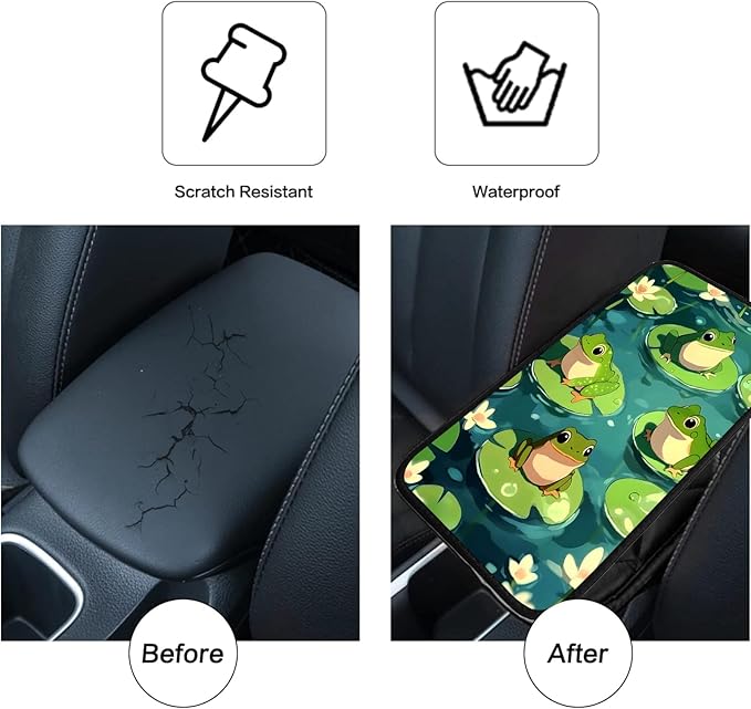 JANENFNA Car Armrest Cover Pads Universal Fashion Cute Auto Center Console Armrest Cover Pad with 2PCS Car Coasters Soft Waterproof Car Armrest Seat Protector for Women,Cute Frog on Lotus Leaf a