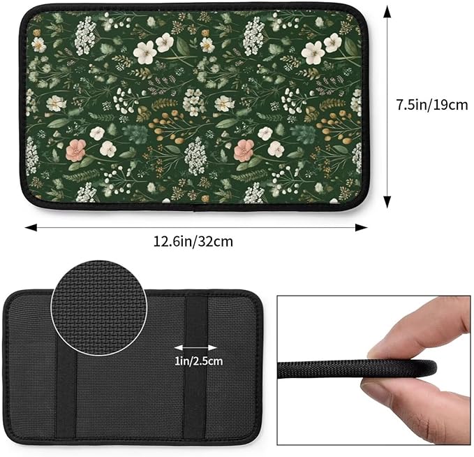Green Floral Print Car Armrest Cushion Cute Flower Leaf Middle Console Lid Cover Pad Protector Scratch Resistant Arm Rest Seat Box Covers