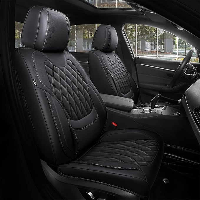 FREESOO Car Seat Covers Front Seats - Luxury Breathable Waterproof Faux Leather Car Seat Cover Protectors with Lumbar Support, Universal Fit for Most 5 Seats Vehicles Sedans Hatchbacks Pick-ups, Black