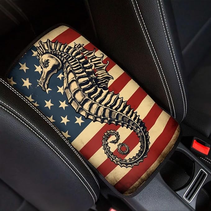 Car Center Console Pad, Universal Waterproof Car Armrest Seat Box Cover, Car Interior Accessories for Most Vehicle SUV Truck Vintage American Flag Seahorse Car Armrest Pad