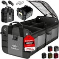DURABLEZ Compact Car Trunk Organizer 2-Section – Grocery, Tools, Cleaning Supplies Storage – Foldable Dual-Compartment Cargo Bin with Cover Net – Gray
