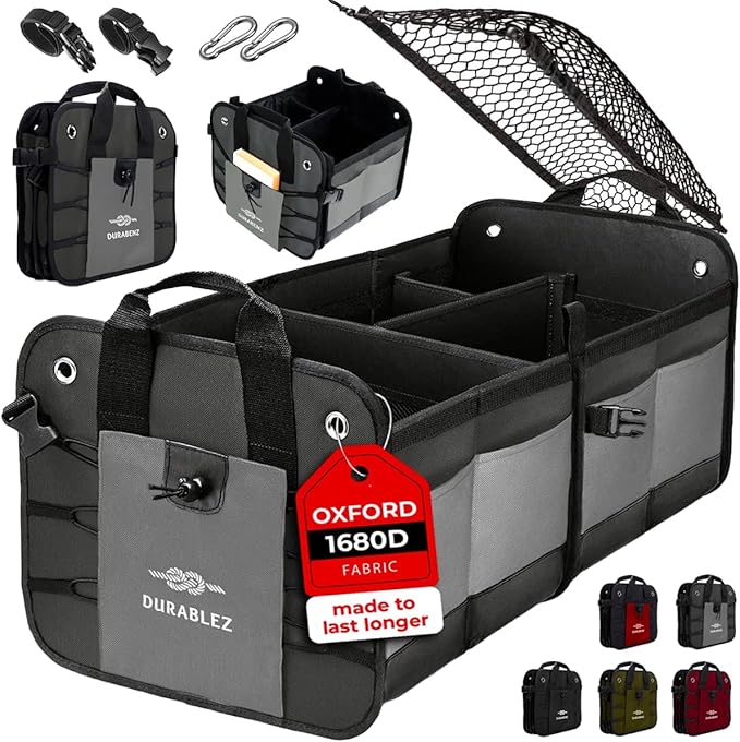 DURABLEZ Compact Car Trunk Organizer 2-Section – Grocery, Tools, Cleaning Supplies Storage – Foldable Dual-Compartment Cargo Bin with Cover Net – Gray